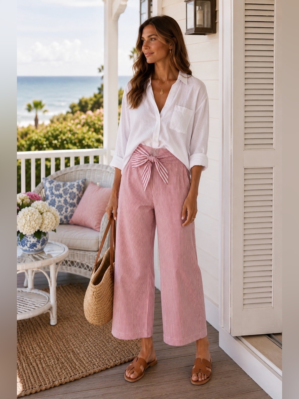 DO+BE Coastal Grandma Pink Striped Wide Leg Cropped Tie Front Pants L